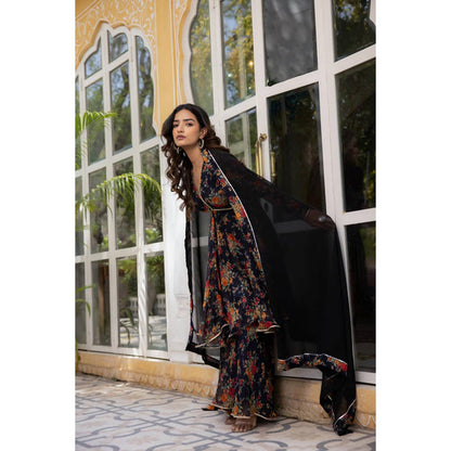 DEASHA INDIA Zahra Midnight Blue Floral Print Short Anarkali With Sharara Sets
