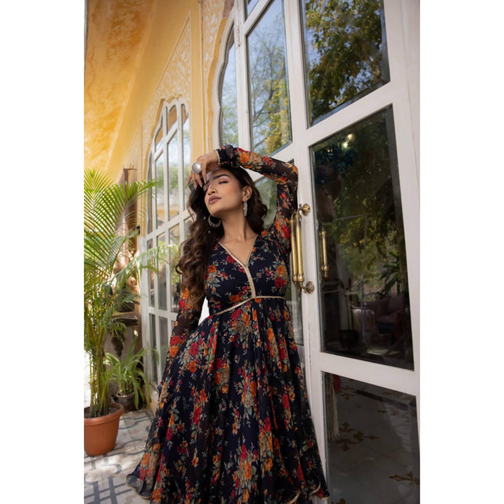DEASHA INDIA Zahra Midnight Blue Floral Print Short Anarkali With Sharara Sets