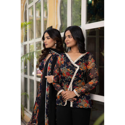 DEASHA INDIA Women Black Chiffon Floral Top with Palazzo