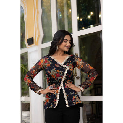 DEASHA INDIA Women Black Chiffon Floral Top with Palazzo