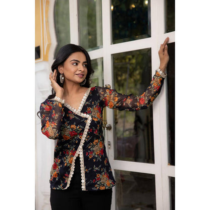 DEASHA INDIA Women Black Chiffon Floral Top with Palazzo