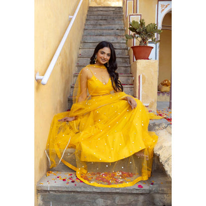 DEASHA INDIA Sahana Yellow Embroidered Net Lehenga Set