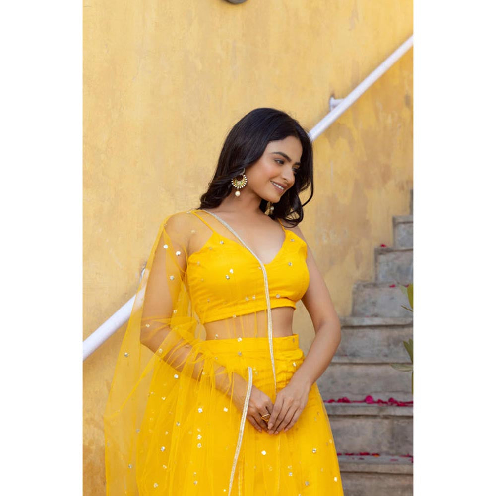 DEASHA INDIA Sahana Yellow Embroidered Net Lehenga Set