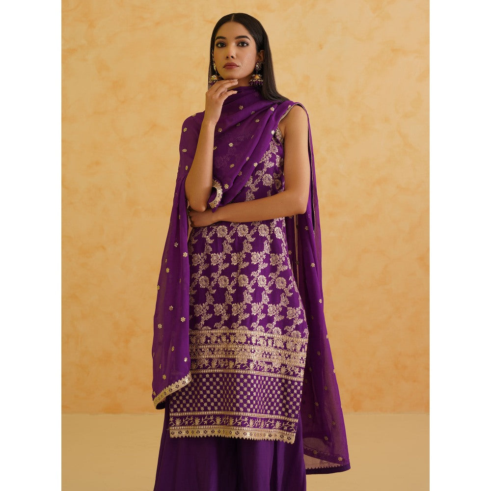 Deepika Chadha Purple Brocade Kurta with Sharara and Dupatta (Set of 3)