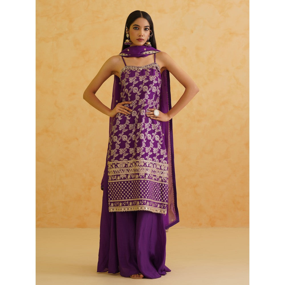 Deepika Chadha Purple Brocade Kurta with Sharara and Dupatta (Set of 3)