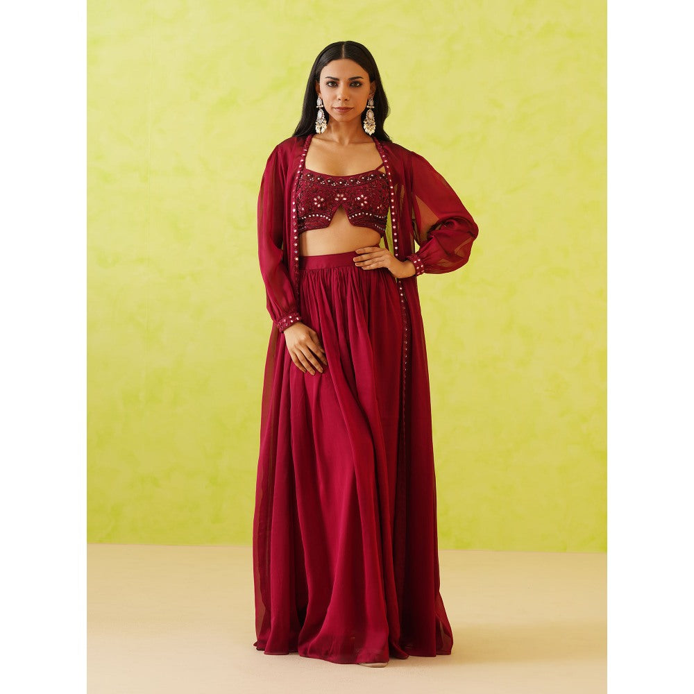Deepika Chadha Maroon Embroidered Crop Top with Shrug and Skirt (Set of 3)