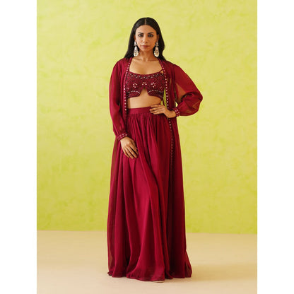 Deepika Chadha Maroon Embroidered Crop Top with Shrug and Skirt (Set of 3)