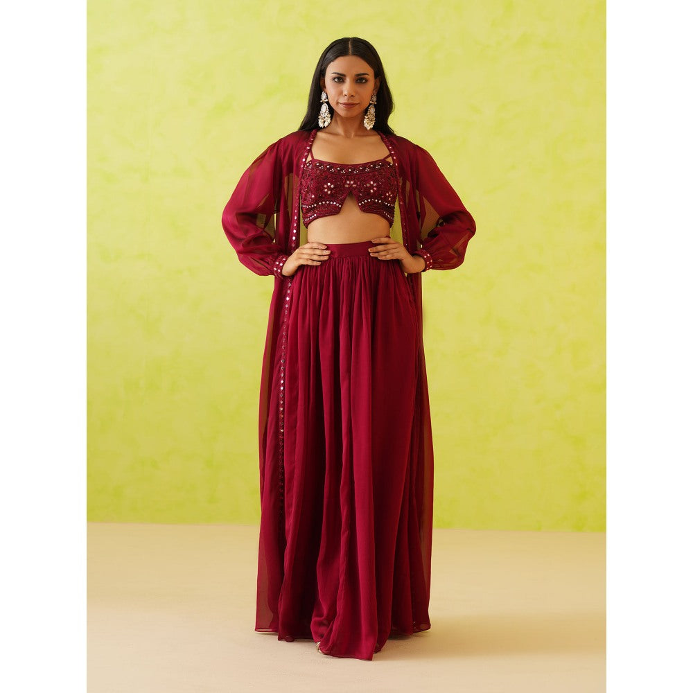 Deepika Chadha Maroon Embroidered Crop Top with Shrug and Skirt (Set of 3)