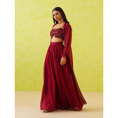 Deepika Chadha Maroon Embroidered Crop Top with Shrug and Skirt (Set of 3)