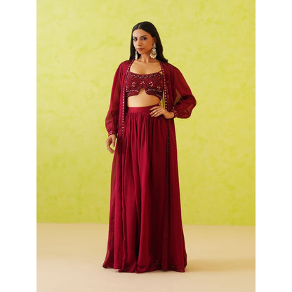 Deepika Chadha Maroon Embroidered Crop Top with Shrug and Skirt (Set of 3)