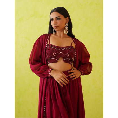 Deepika Chadha Maroon Embroidered Crop Top with Shrug and Skirt (Set of 3)