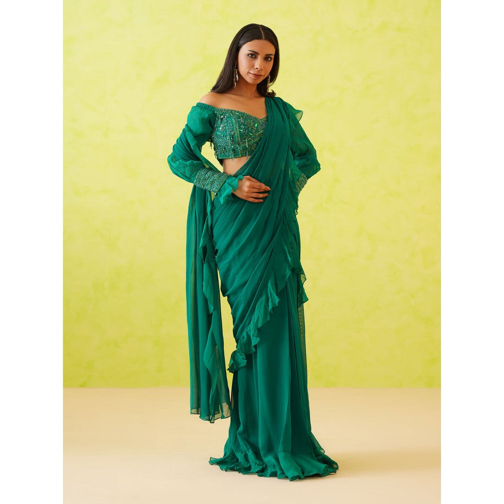 Deepika Chadha Green Pre-Draped Embroidered Saree with Stitched Blouse