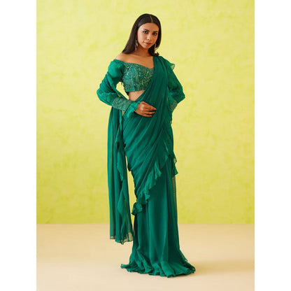Deepika Chadha Green Pre-Draped Embroidered Saree with Stitched Blouse