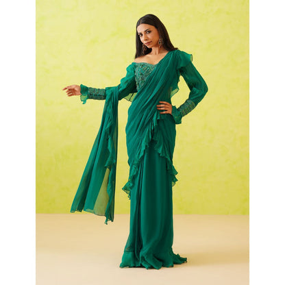 Deepika Chadha Green Pre-Draped Embroidered Saree with Stitched Blouse
