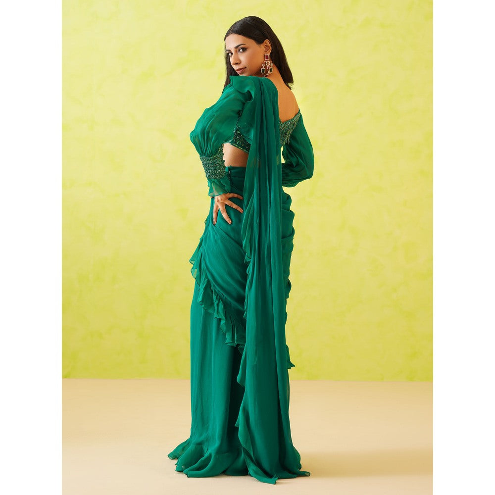 Deepika Chadha Green Pre-Draped Embroidered Saree with Stitched Blouse