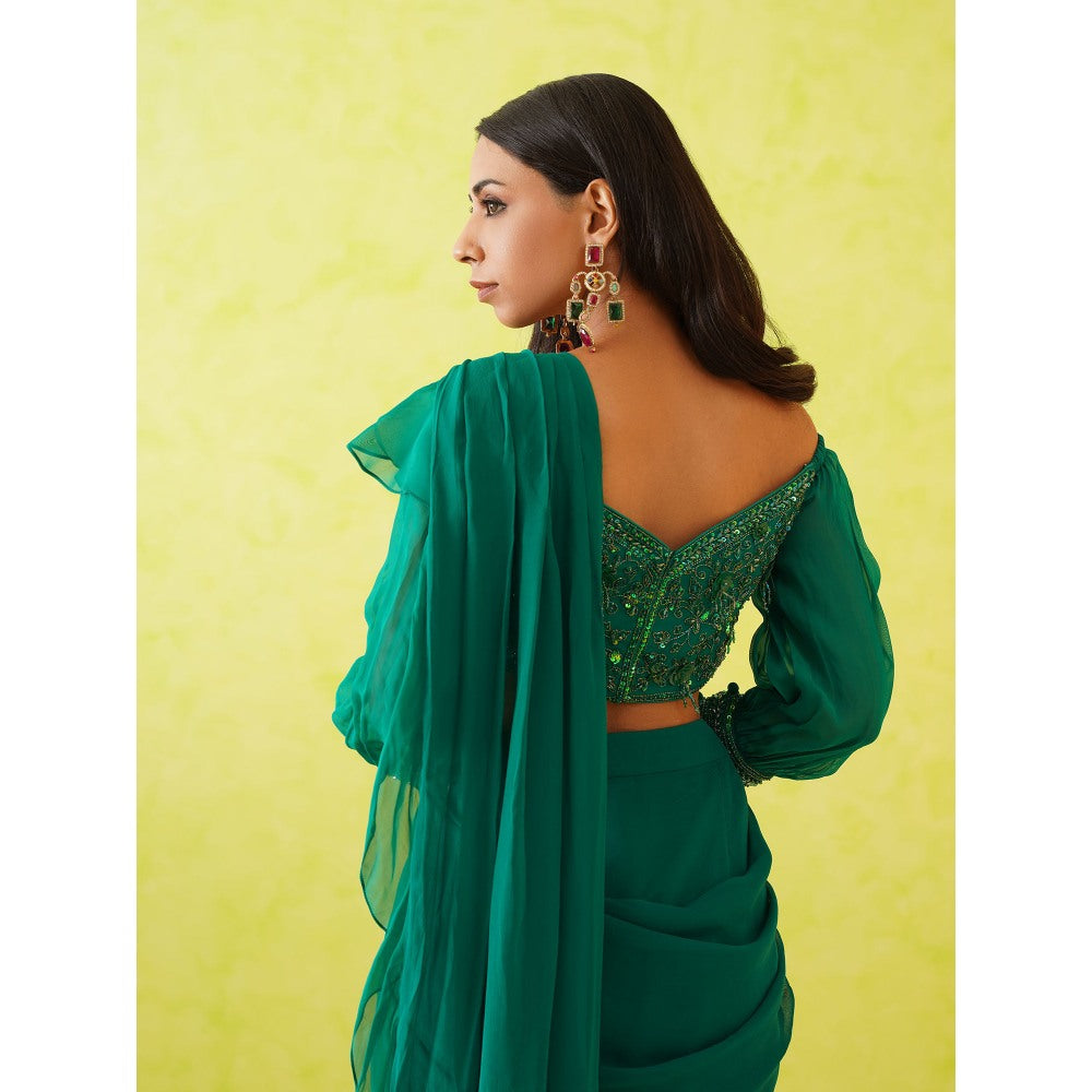 Deepika Chadha Green Pre-Draped Embroidered Saree with Stitched Blouse