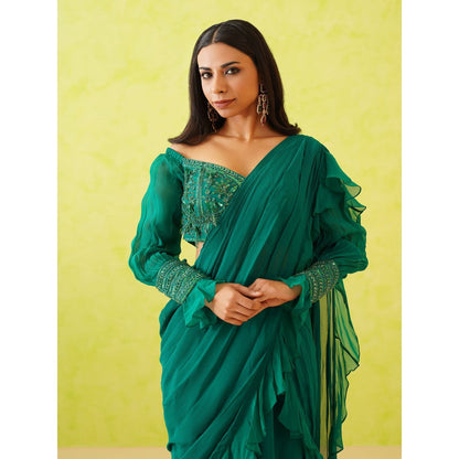 Deepika Chadha Green Pre-Draped Embroidered Saree with Stitched Blouse