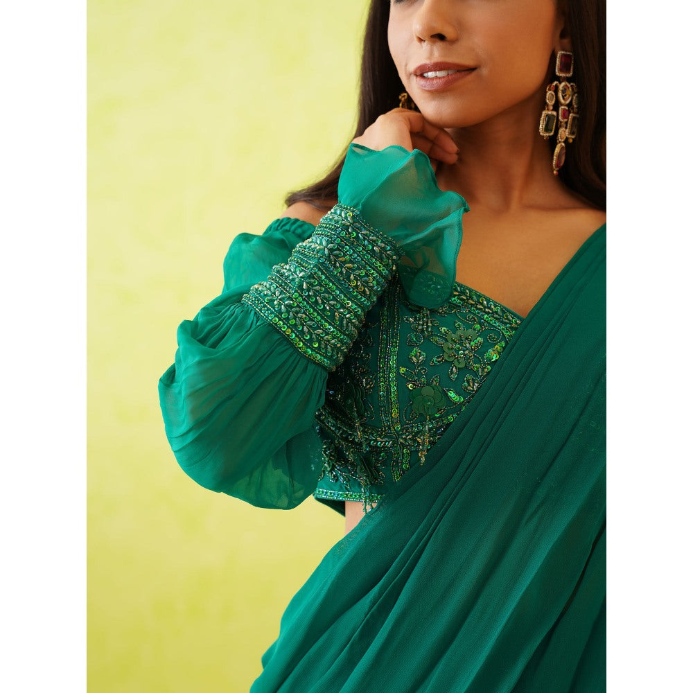 Deepika Chadha Green Pre-Draped Embroidered Saree with Stitched Blouse