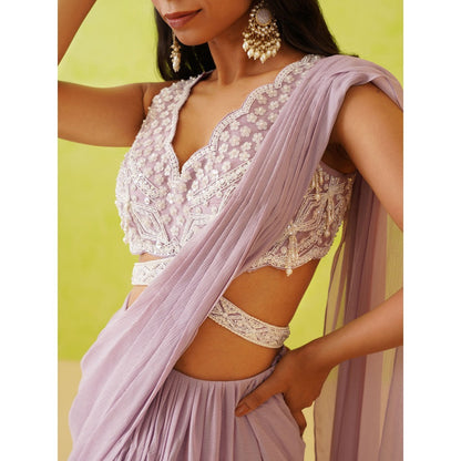 Deepika Chadha Mauve Pre-Draped Embellished Saree with Stitched Blouse