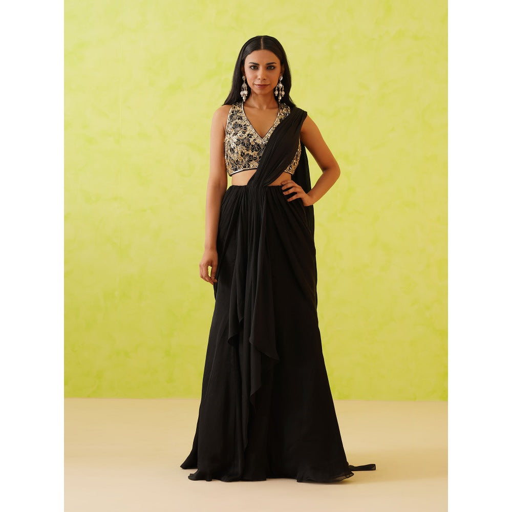 Deepika Chadha Black Pre-Draped Embellished Saree with Stitched Blouse