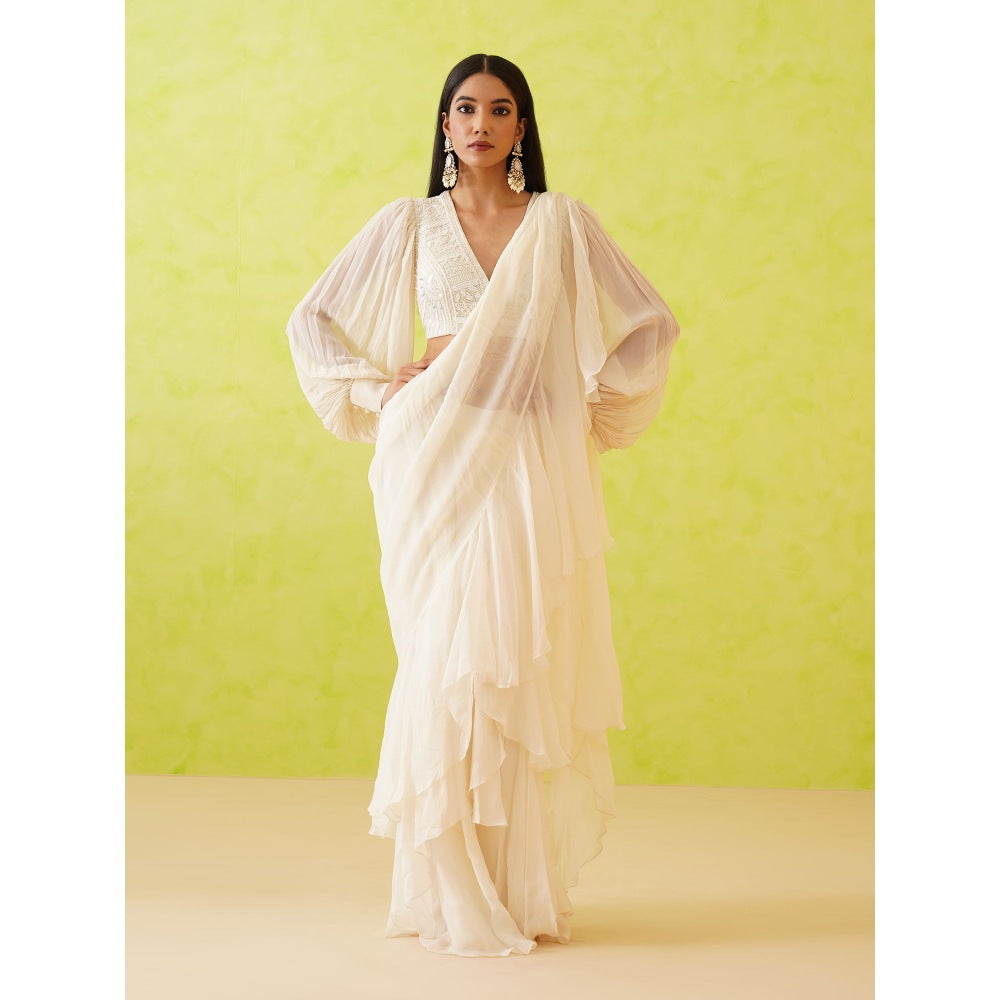 Deepika Chadha White Pre-Draped Embellished Saree with Stitched Blouse