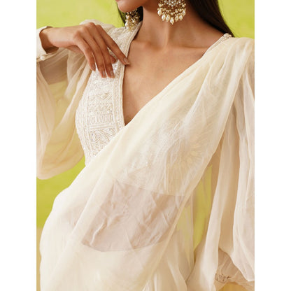 Deepika Chadha White Pre-Draped Embellished Saree with Stitched Blouse
