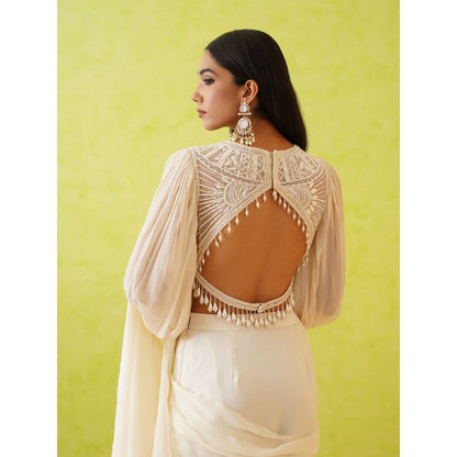 Deepika Chadha White Pre-Draped Embellished Saree with Stitched Blouse