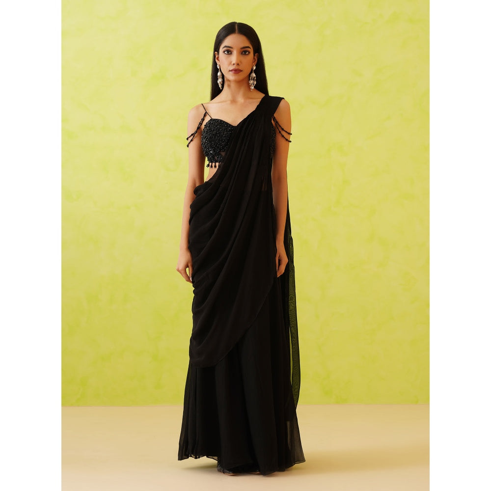 Deepika Chadha Black Pre-Draped Embellished Saree with Stitched Blouse