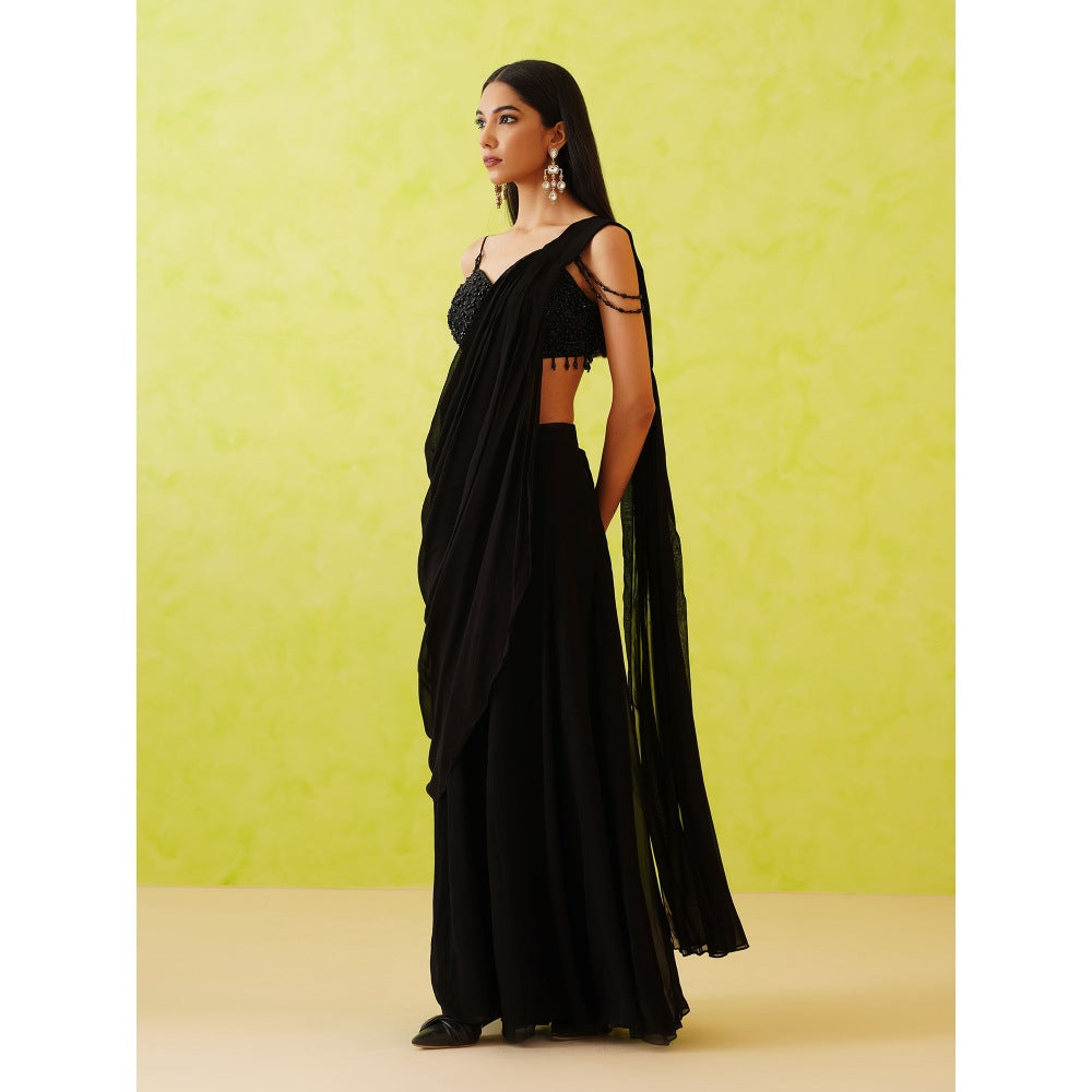 Deepika Chadha Black Pre-Draped Embellished Saree with Stitched Blouse