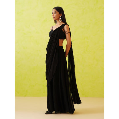 Deepika Chadha Black Pre-Draped Embellished Saree with Stitched Blouse