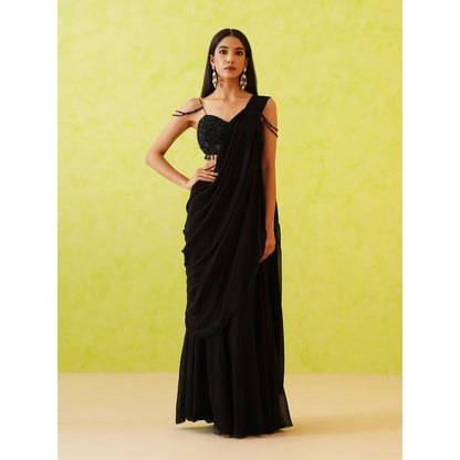 Deepika Chadha Black Pre-Draped Embellished Saree with Stitched Blouse
