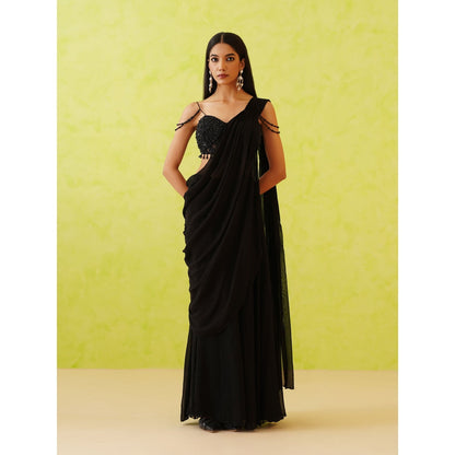 Deepika Chadha Black Pre-Draped Embellished Saree with Stitched Blouse