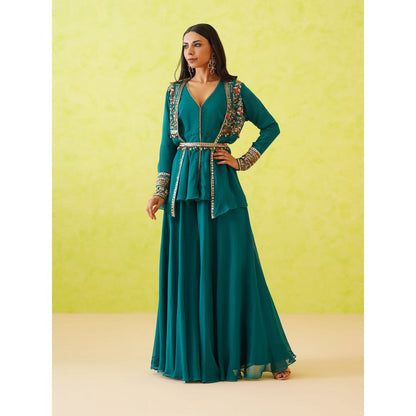 Deepika Chadha Green Jacket with Top, Belt and Sharara (Set of 4)