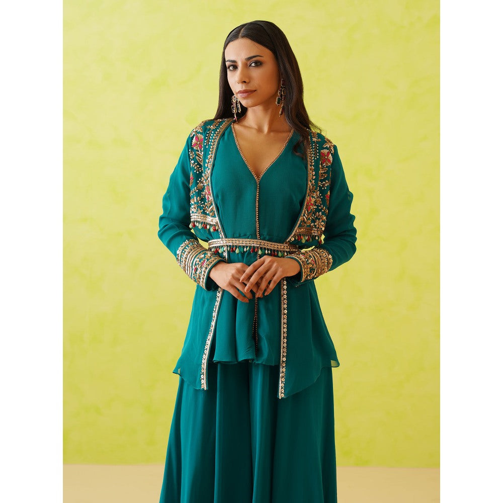 Deepika Chadha Green Jacket with Top, Belt and Sharara (Set of 4)