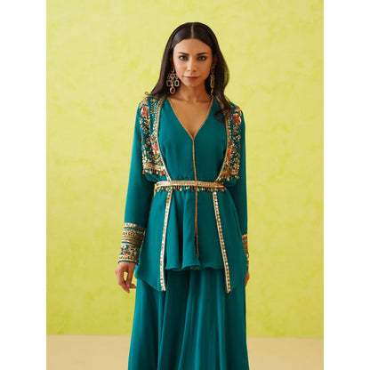 Deepika Chadha Green Jacket with Top, Belt and Sharara (Set of 4)