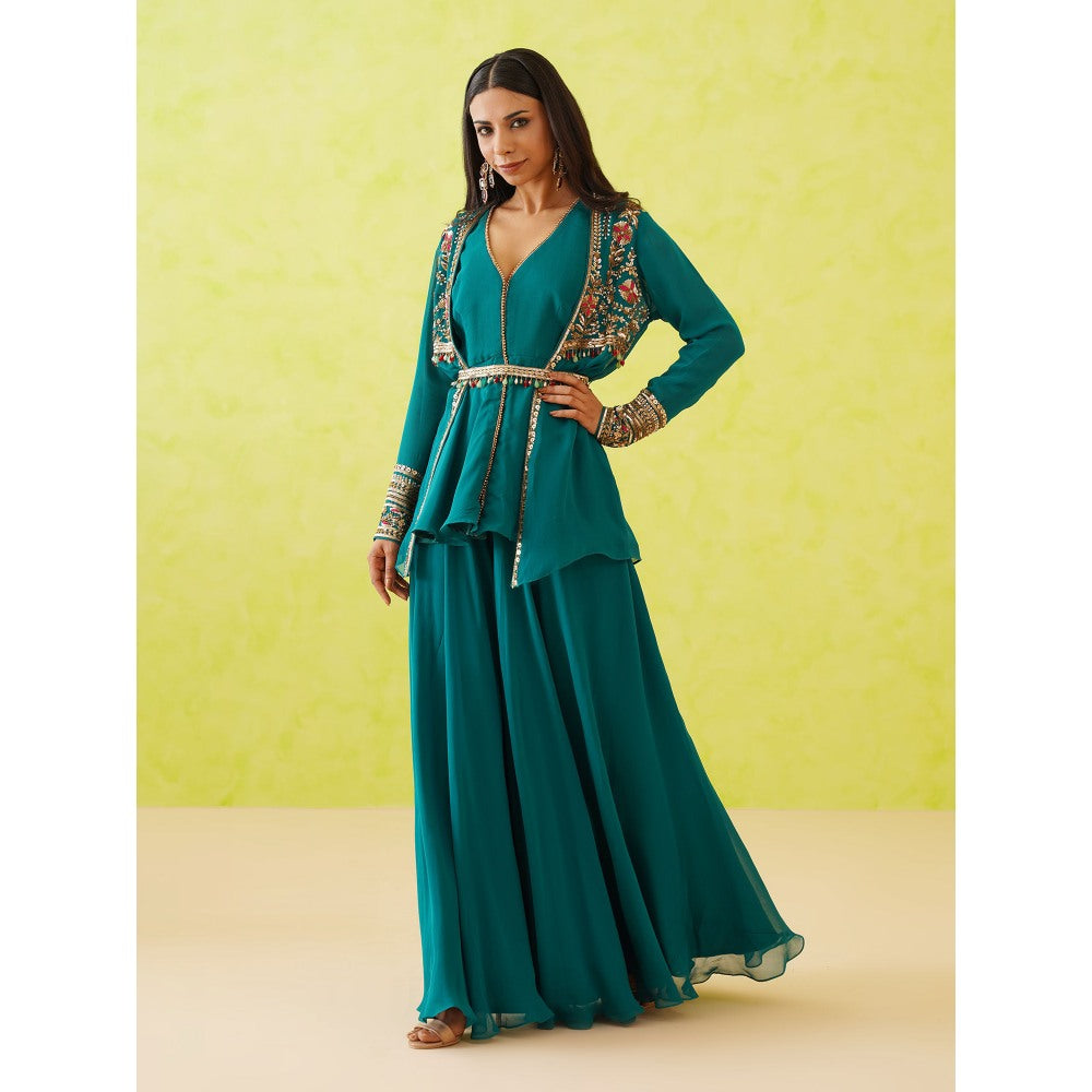 Deepika Chadha Green Jacket with Top, Belt and Sharara (Set of 4)