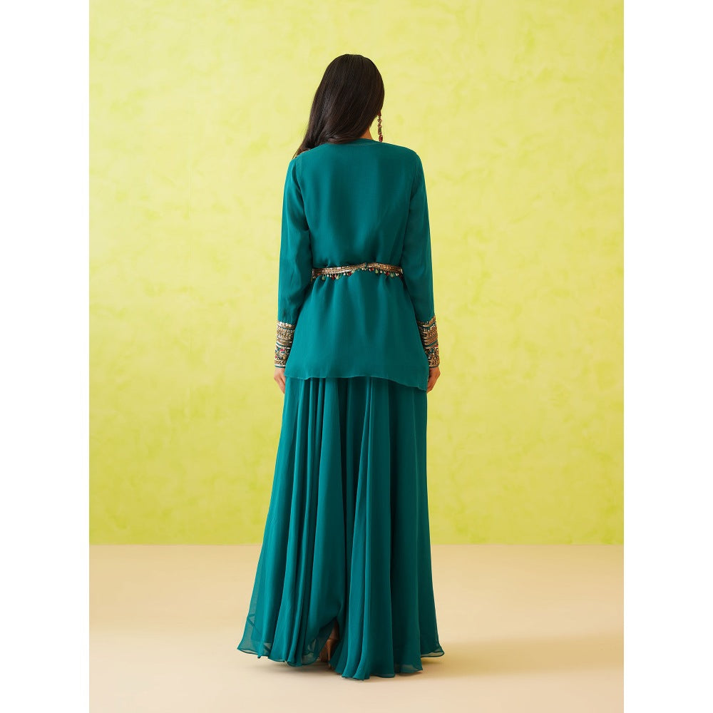 Deepika Chadha Green Jacket with Top, Belt and Sharara (Set of 4)