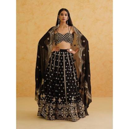 Deepika Chadha Black Georgette Lehenga with Blouse and Dupatta (Set of 3)