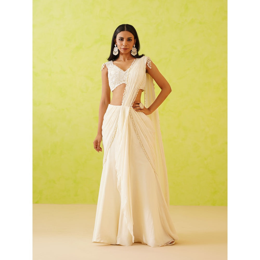 Deepika Chadha White Pre-Draped Embellished Saree with Stitched Blouse