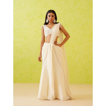 Deepika Chadha White Pre-Draped Embellished Saree with Stitched Blouse