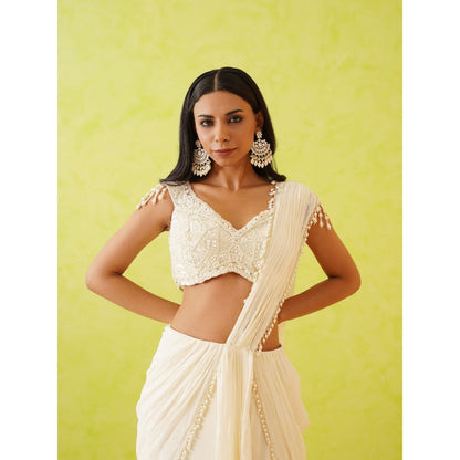 Deepika Chadha White Pre-Draped Embellished Saree with Stitched Blouse