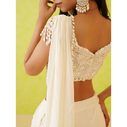 Deepika Chadha White Pre-Draped Embellished Saree with Stitched Blouse