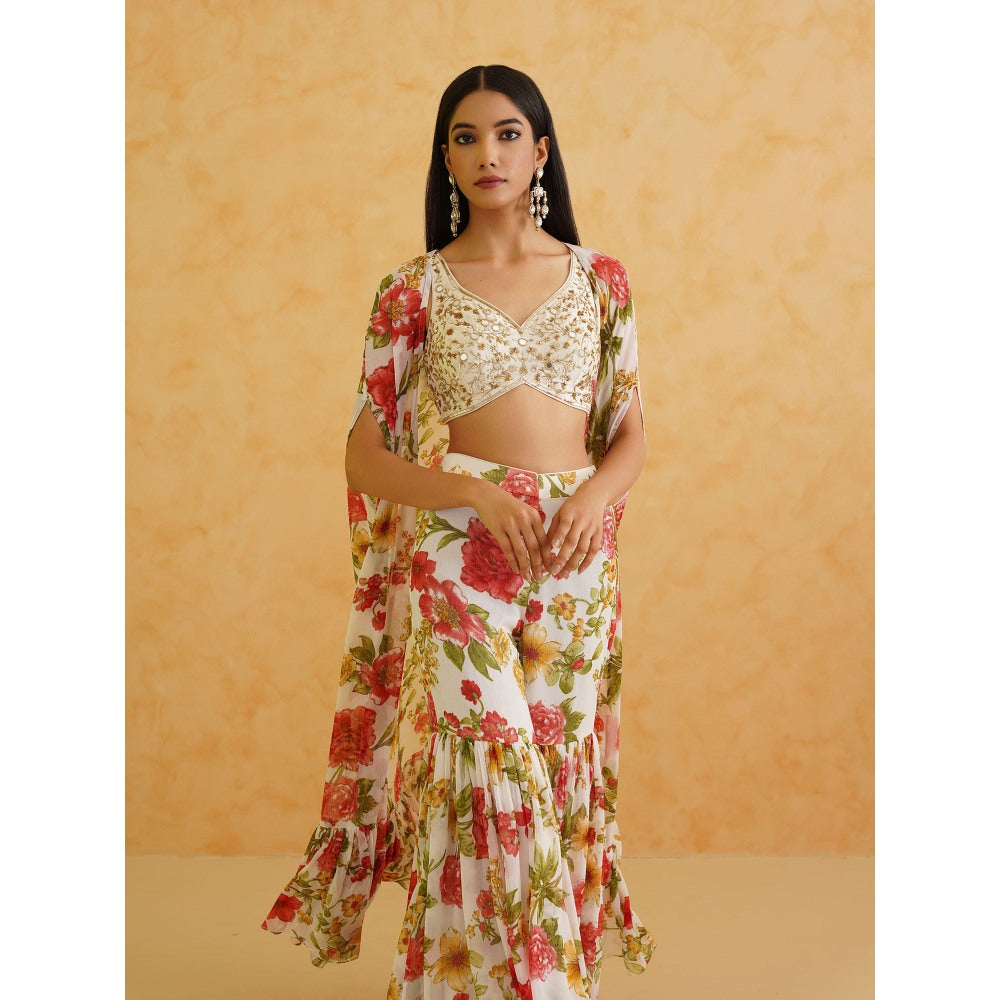 Deepika Chadha White Embroidered Blouse with Cape and Sharara (Set of 3)