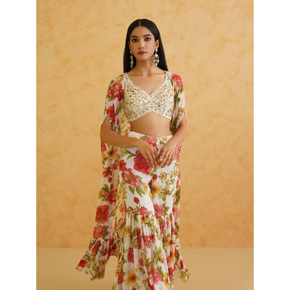 Deepika Chadha White Embroidered Blouse with Cape and Sharara (Set of 3)