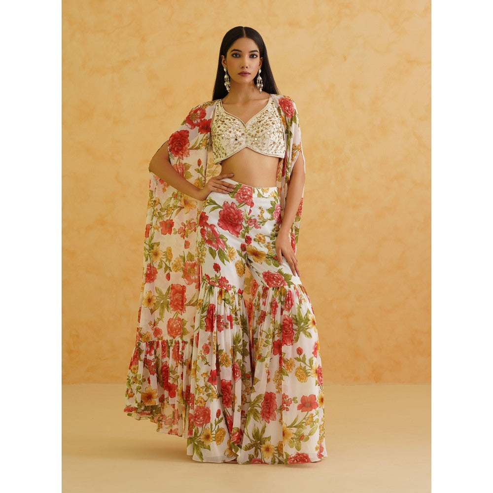 Deepika Chadha White Embroidered Blouse with Cape and Sharara (Set of 3)