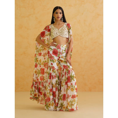 Deepika Chadha White Embroidered Blouse with Cape and Sharara (Set of 3)