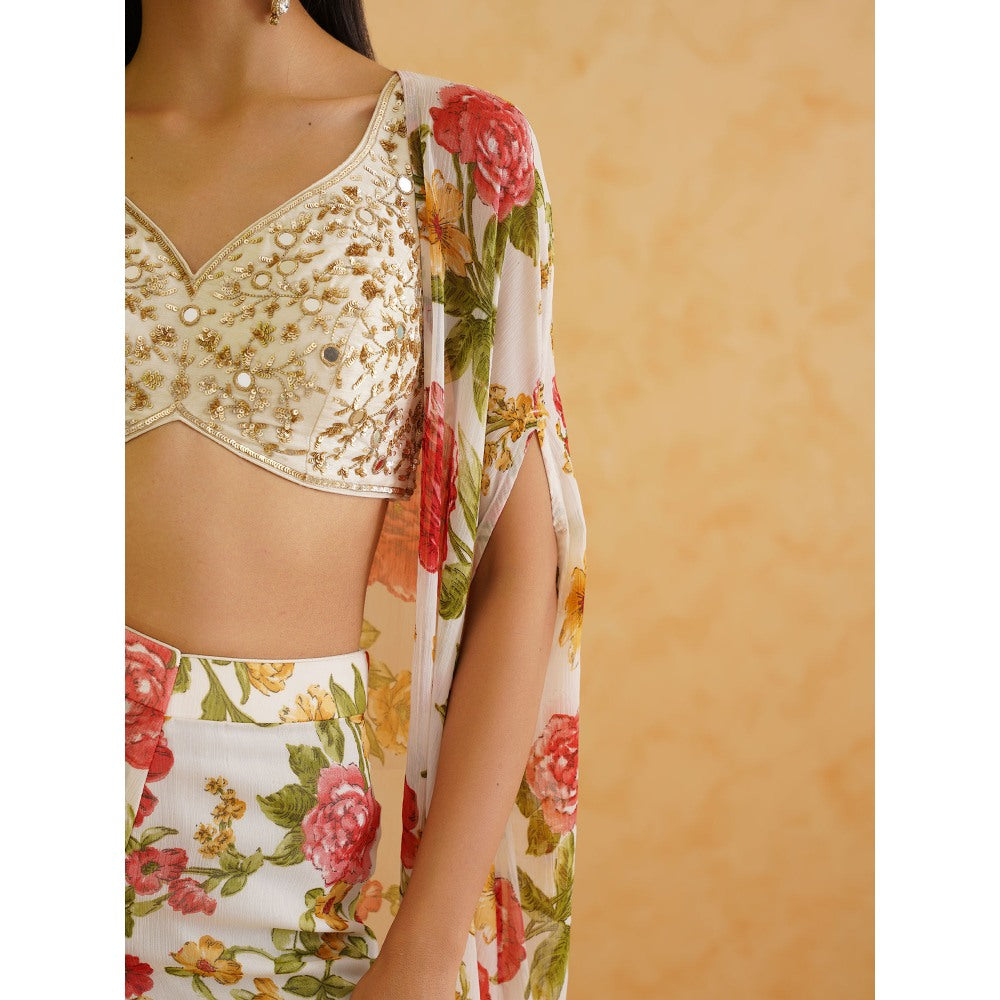 Deepika Chadha White Embroidered Blouse with Cape and Sharara (Set of 3)