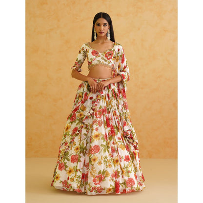 Deepika Chadha White Printed Georgette Lehenga with Blouse and Dupatta (Set of 3)