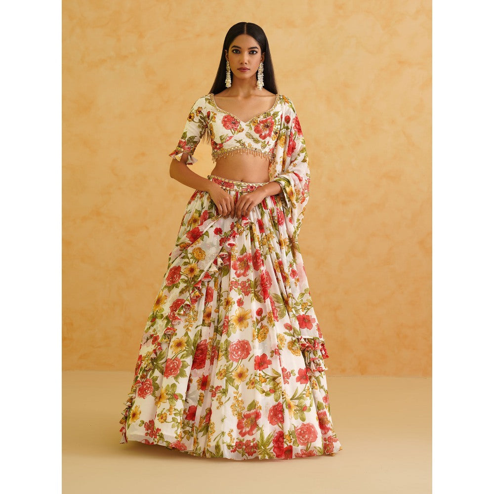 Deepika Chadha White Printed Georgette Lehenga with Blouse and Dupatta (Set of 3)