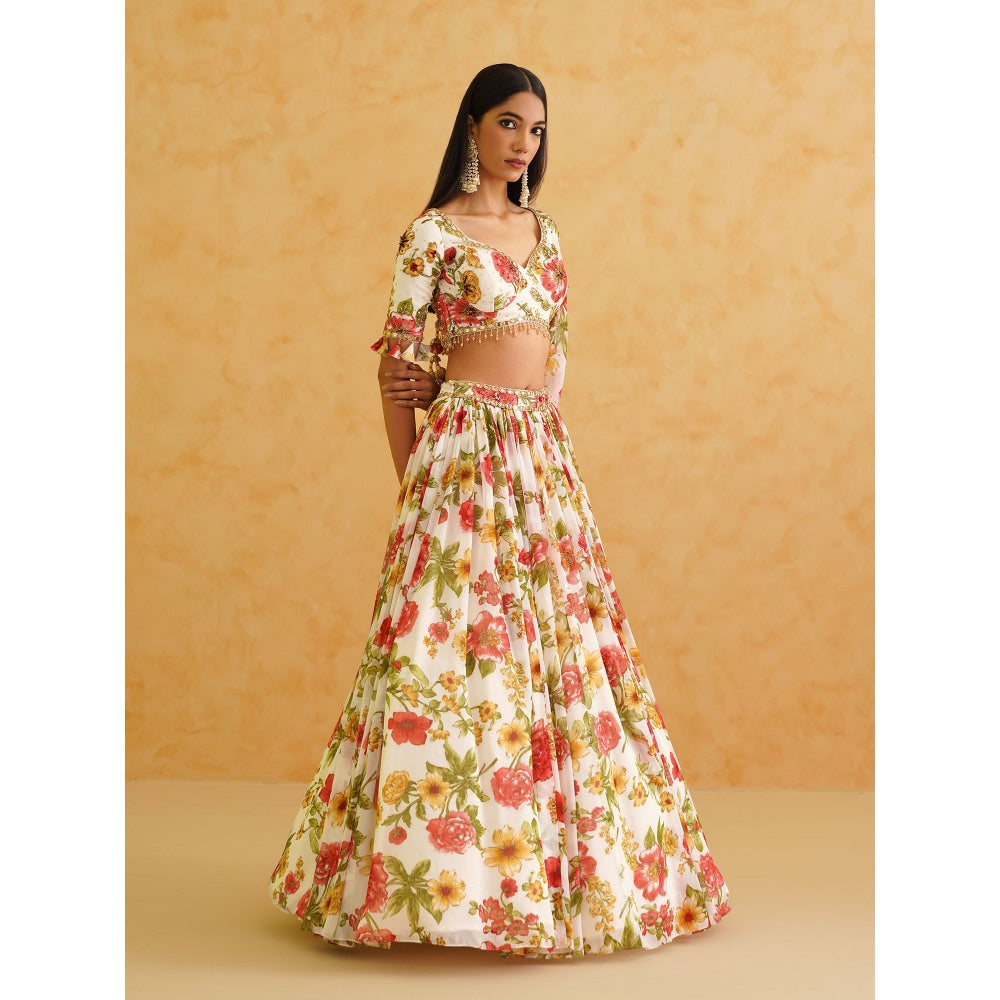 Deepika Chadha White Printed Georgette Lehenga with Blouse and Dupatta (Set of 3)